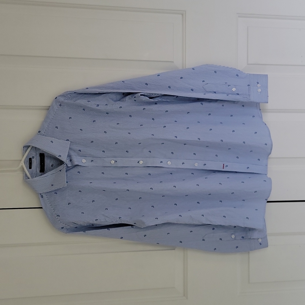 Tommy Hilfiger slim stretch button front shirt L blue/white pinstripe
